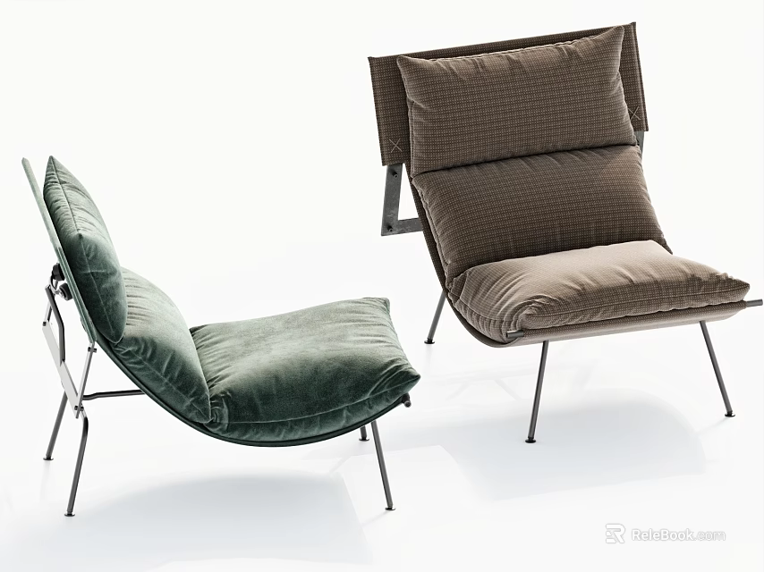 Modern Leisure Accent Chairs With Green Brown Velvet Cushions And Metal Legs Design 3d model 