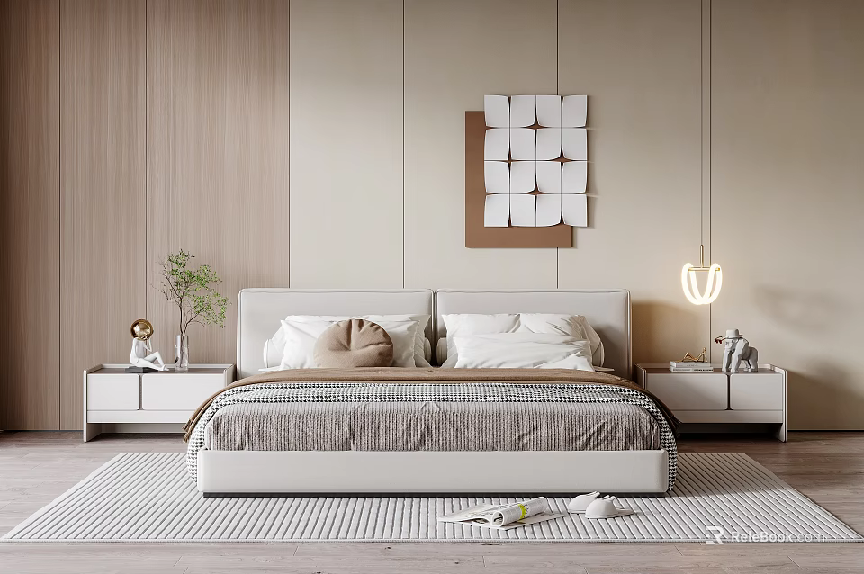 Modern Double Bed With Light Headboard White Pillows Wooden Nightstands Table Lamp And Striped Rug 3d model 