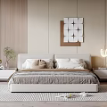 Modern Double Bed With Light Headboard White Pillows Wooden Nightstands Table Lamp And Striped Rug
