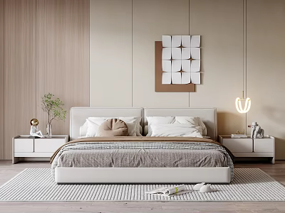 Modern Double Bed With Light Headboard White Pillows Wooden Nightstands Table Lamp And Striped Rug 3d model