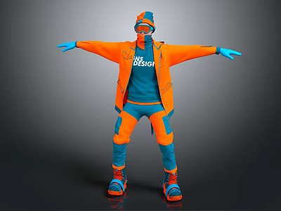 Man In Orange And Blue Ski Suit With Blizzard Arms Outstretched Wearing Hat And Goggles 3d model