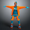 Man In Orange And Blue Ski Suit With Blizzard Arms Outstretched Wearing Hat And Goggles