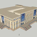 Symmetrical Government Building Exterior With Glass Windows Red Emblem And Front Steps