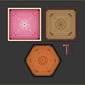 Different Shaped Tabletop Game Boards With Colorful Chips And Decorative Patterns