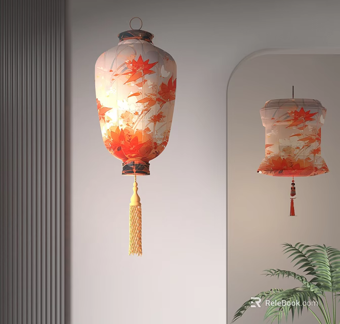 Traditional Chinese Hanging Lanterns With Red Maple Leaf Pattern And Tassels For Home Decor 3d model 