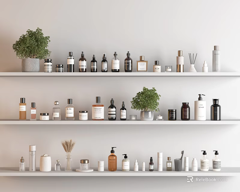 Modern Bathroom Accessories on White Shelves with Various Bottles Small Potted Plants and Containers 3d model 