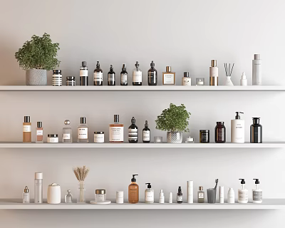 Modern Bathroom Accessories on White Shelves with Various Bottles Small Potted Plants and Containers 3d model