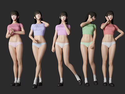 Women in Different Colored Crop Tops and White Underwear Posing in Various Styles 3d model