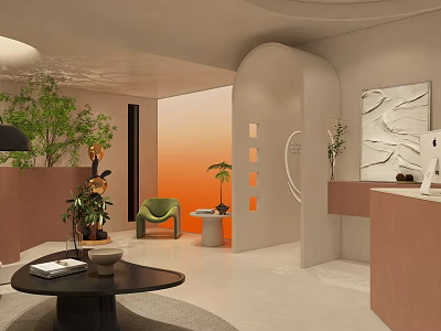 Warm Minimalist Beauty Salon Reception Area With Soft Earthy Tones And Stylish Elegant Interior Design 3d model