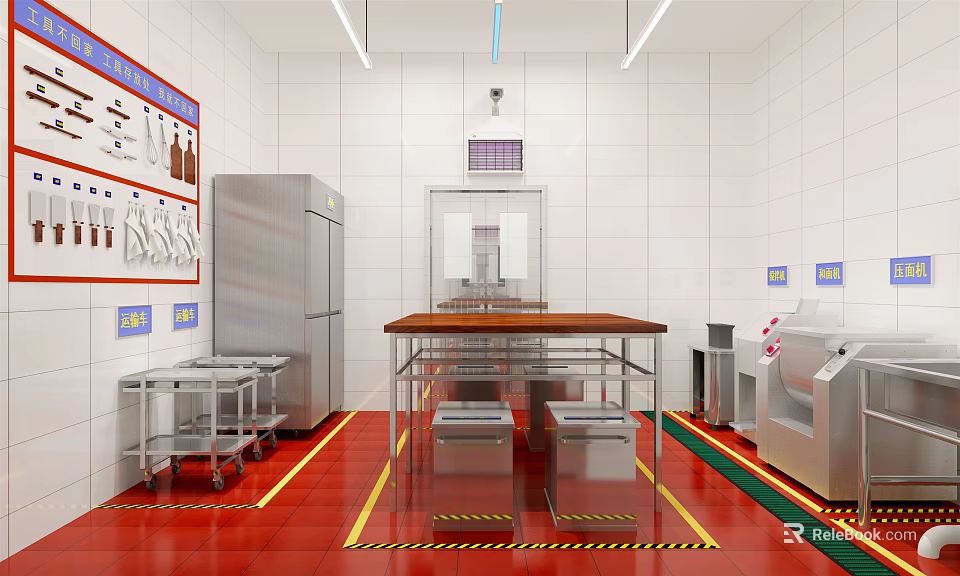 Commercial Kitchen Interior With Stainless Steel Refrigerator Wooden Workbench And Red Floor 3d model 