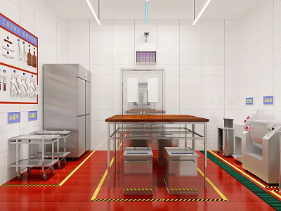 Commercial Kitchen Interior With Stainless Steel Refrigerator Wooden Workbench And Red Floor 3d model