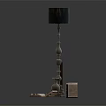 Oil Painting In Brown Frame Mountain Landscape With Floor Lamp Dark Lampshade Books And Vase