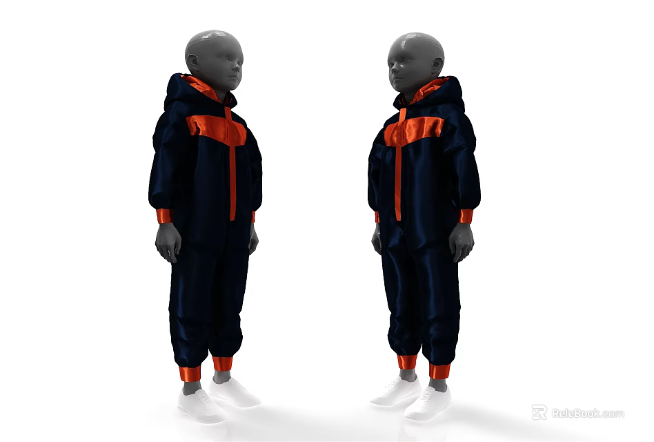 Fashion Models Wearing Dark Blue Hooded Jumpsuits With Orange Accents And White Shoes 3d model 