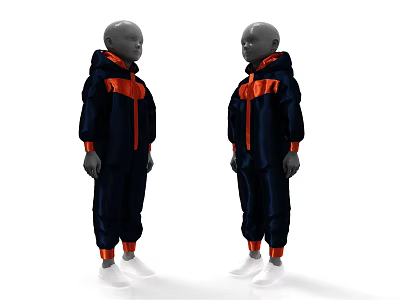 Fashion Models Wearing Dark Blue Hooded Jumpsuits With Orange Accents And White Shoes 3d model