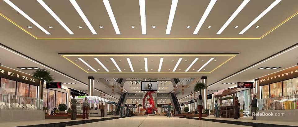 Spacious Shopping Mall Hall Interior With Ceiling Lights Escalators And Shops 3d model