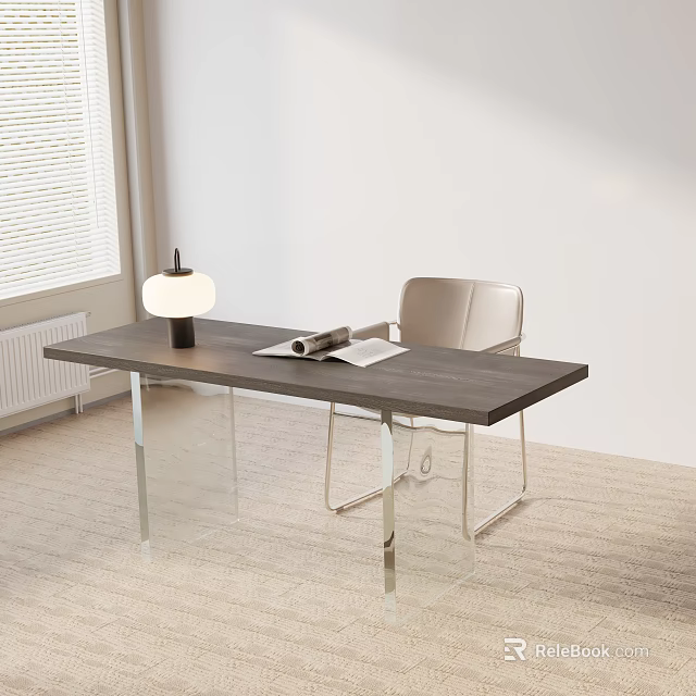 Modern Dining Table Set with Black Tabletop Transparent Glass Legs and Light Chair 3d model 
