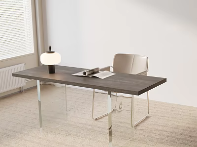 Modern Dining Table Set with Black Tabletop Transparent Glass Legs and Light Chair 3d model