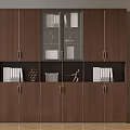 Brown Wooden Storage Cabinet With Glass Door And File Folders Decorative Items
