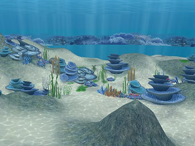 Lush Aquatic Flowers And Plants Thriving On Sandy Seabed With Stacked Stone Structures 3d model