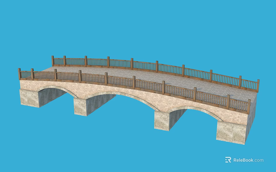 Stone Arch Bridge With Wooden Railings And Stone Slabs On Blue Background 3d model 