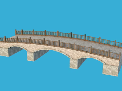 Stone Arch Bridge With Wooden Railings And Stone Slabs On Blue Background 3d model