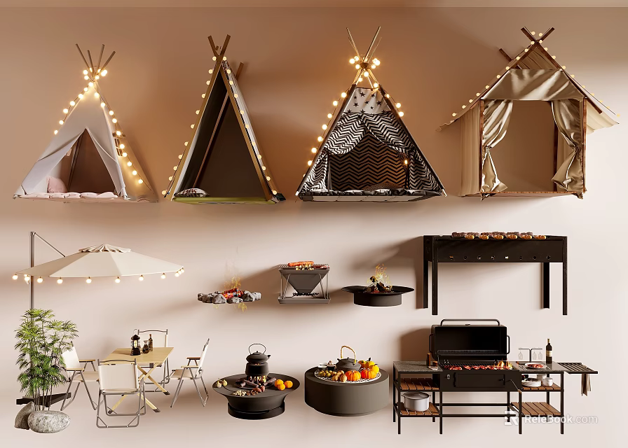 Decorative Hanging Tents with String Lights Outdoor Furniture Grill and Plants 3d model 