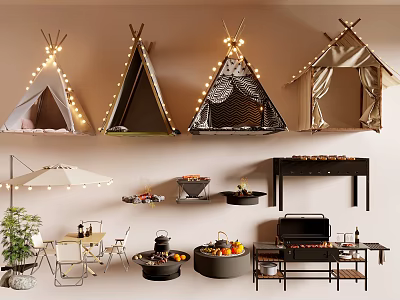 Decorative Hanging Tents with String Lights Outdoor Furniture Grill and Plants 3d model