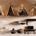 Decorative Hanging Tents with String Lights Outdoor Furniture Grill and Plants