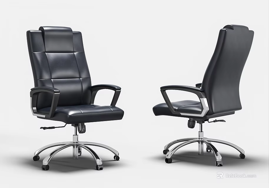 Black Leather Office Chair With Armrests And Silver Base Modern Design 3d model 