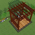 Wooden Pergola With Lattice Design Bench Standing Couple Surrounded By Green Plants And Grassland