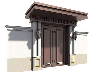 Elegant Entry Gate With Decorative Columns Wall Lamps And Eaves 3d model