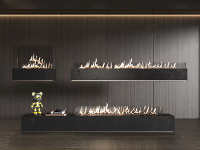 Modern Three Wall Mounted Fireplaces With Wooden Wall Background And Decorative Items On Base Platform 3d model