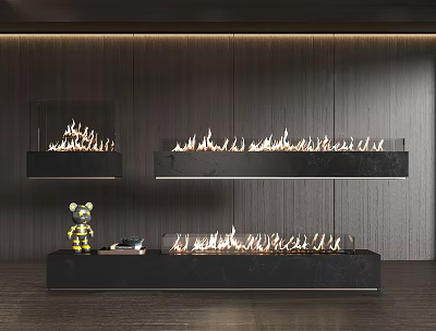 Modern Three Wall Mounted Fireplaces With Wooden Wall Background And Decorative Items On Base Platform 3d model