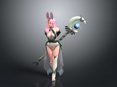Fantasy Character With Pink Hair Rabbit Ears Green White Outfit And Moon Star Staff 3d model
