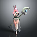 Fantasy Character With Pink Hair Rabbit Ears Green White Outfit And Moon Star Staff