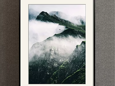 Misty Mountain Valley Landscape Painting With Green Vegetation And Floating Clouds 3d model