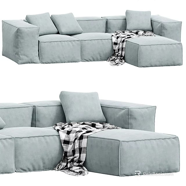 Light Blue Sectional Sofa With Plaid Blanket And Soft Cushions For Living Room 3d model 