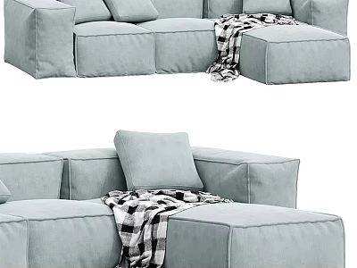 Light Blue Sectional Sofa With Plaid Blanket And Soft Cushions For Living Room 3d model