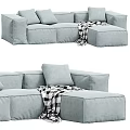 Light Blue Sectional Sofa With Plaid Blanket And Soft Cushions For Living Room