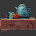 Green Ceramic Teapot and Cup with Red Apple on Wooden Table with Tablecloth