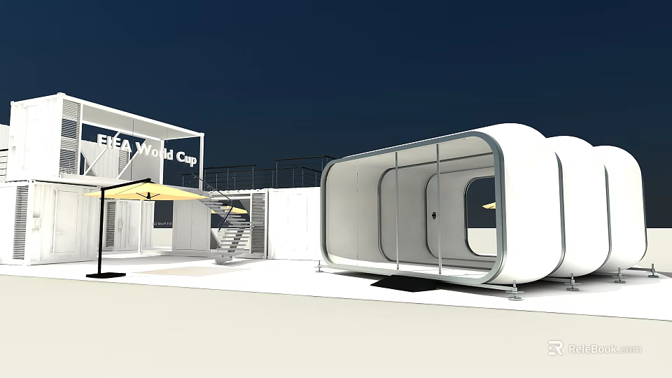 ELEA WORK CAFE Modern White Building With Open Outdoor Space And Yellow Umbrella 3d model 