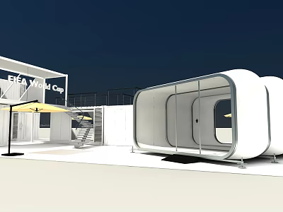 ELEA WORK CAFE Modern White Building With Open Outdoor Space And Yellow Umbrella 3d model