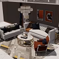 Elegant Modern Living Room Interior With Sectional Sofa Armchair Coffee Table And Decorative Paintings