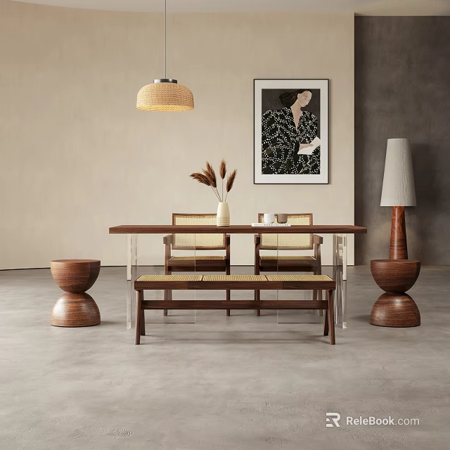 Wooden Dining Table Set with Chairs Bench Rattan Pendant Light Wall Art and Floor Lamp 3d model 