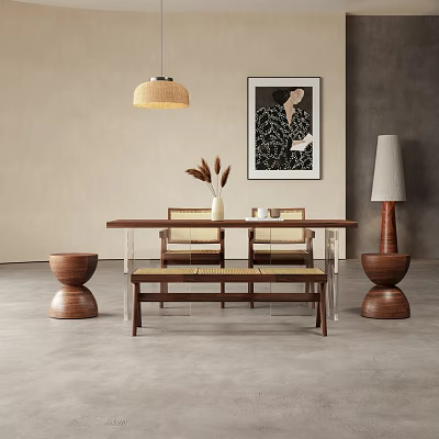 Wooden Dining Table Set with Chairs Bench Rattan Pendant Light Wall Art and Floor Lamp 3d model
