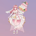 Woman With Pink Hair And Cake Headpiece In Elegant White Pink Dress