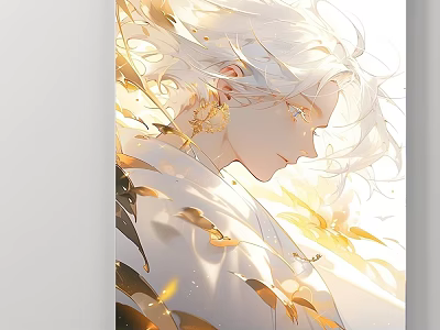 Bright Character Portrait With White Flowing Hair Golden Leaves Flowers And Side Profile 3d model