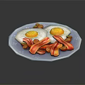 Fried Eggs With Crispy Bacon And Cherry Tomatoes On Blue Plate