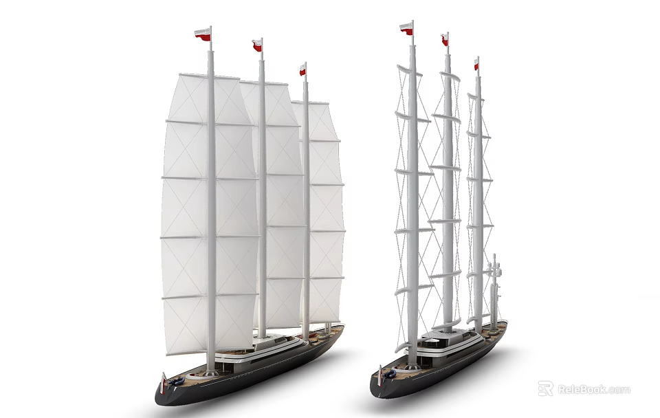 Two Classic Sailboats With White Sails Black Hulls And Multiple Masts 3d model
