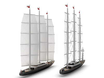 Two Classic Sailboats With White Sails Black Hulls And Multiple Masts 3d model